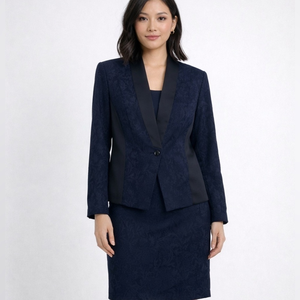 CACHE’ Jacquard Floral Lace Overlay Blazer & Skirt 2 Pc Set Black/Navy Size 2